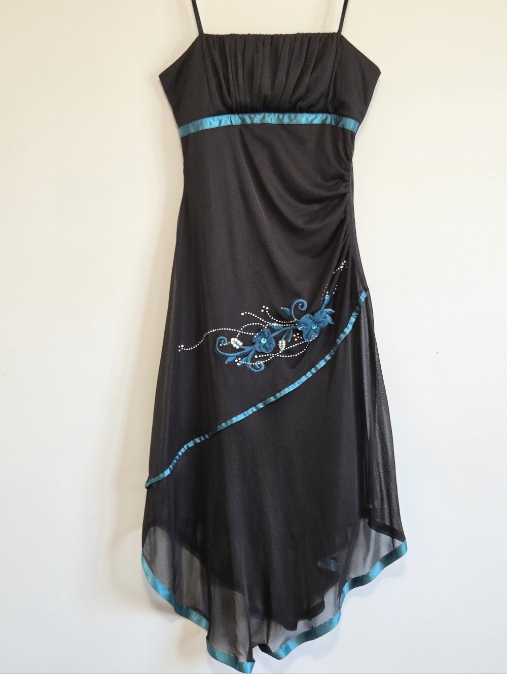 Mariposa ✨ Vintage Black Teal Midi Dress Spaghetti Strap Floral Embroidery Y2K ✨